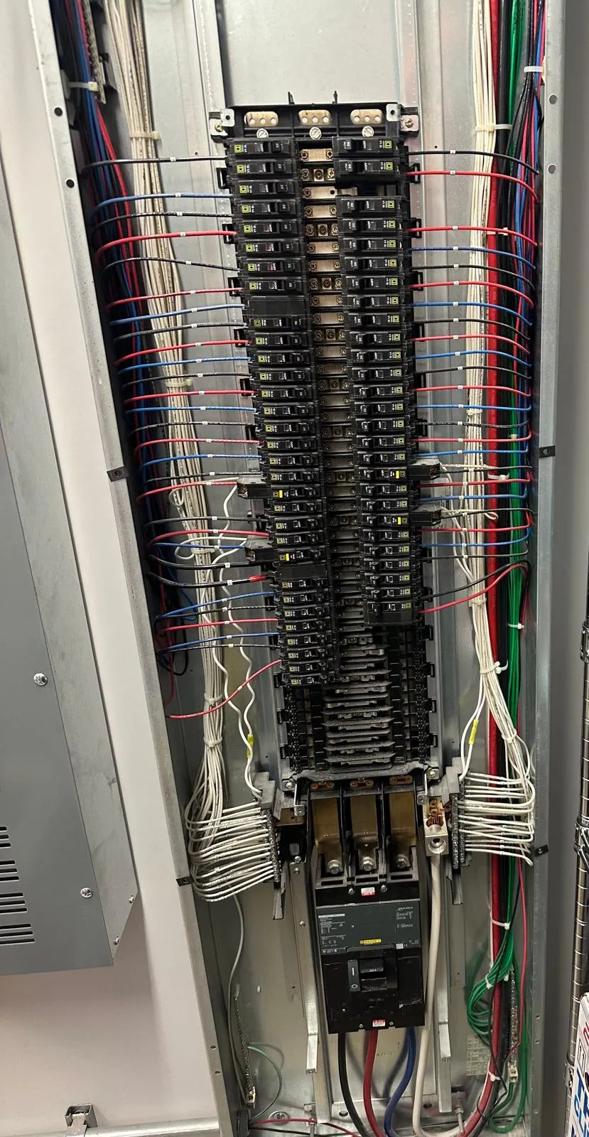 Commercial electrical panel with meticulously dressed branch-circuit wiring